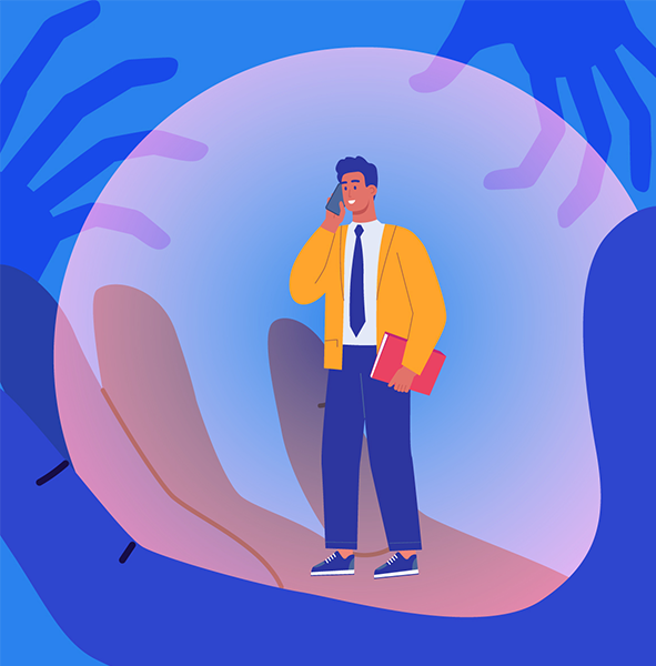 graphic of man using phone with scary scammers all around